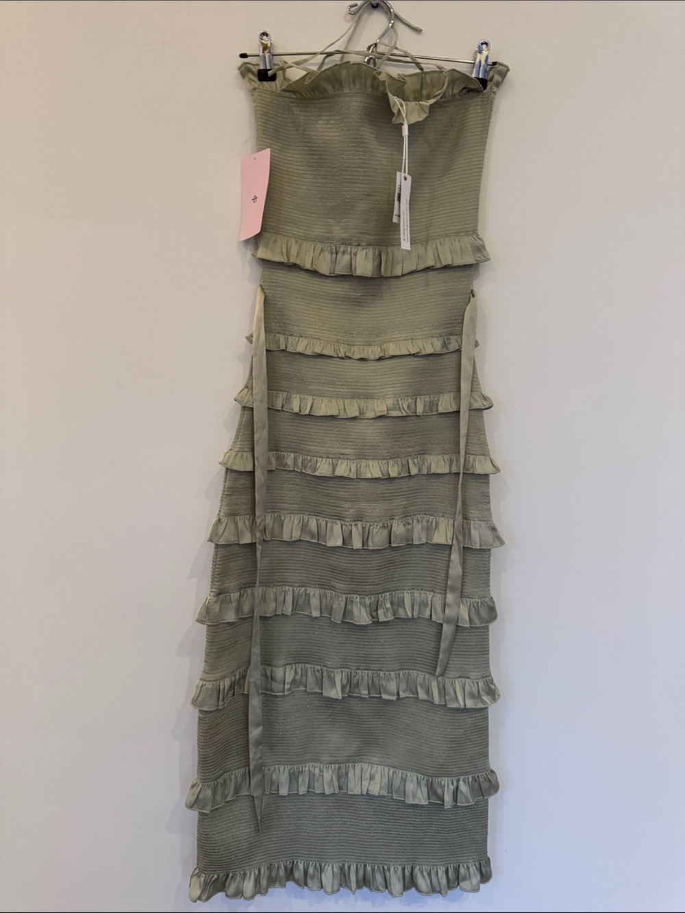 Strapless Sage Green Ruffle Tiered Maxi Dress